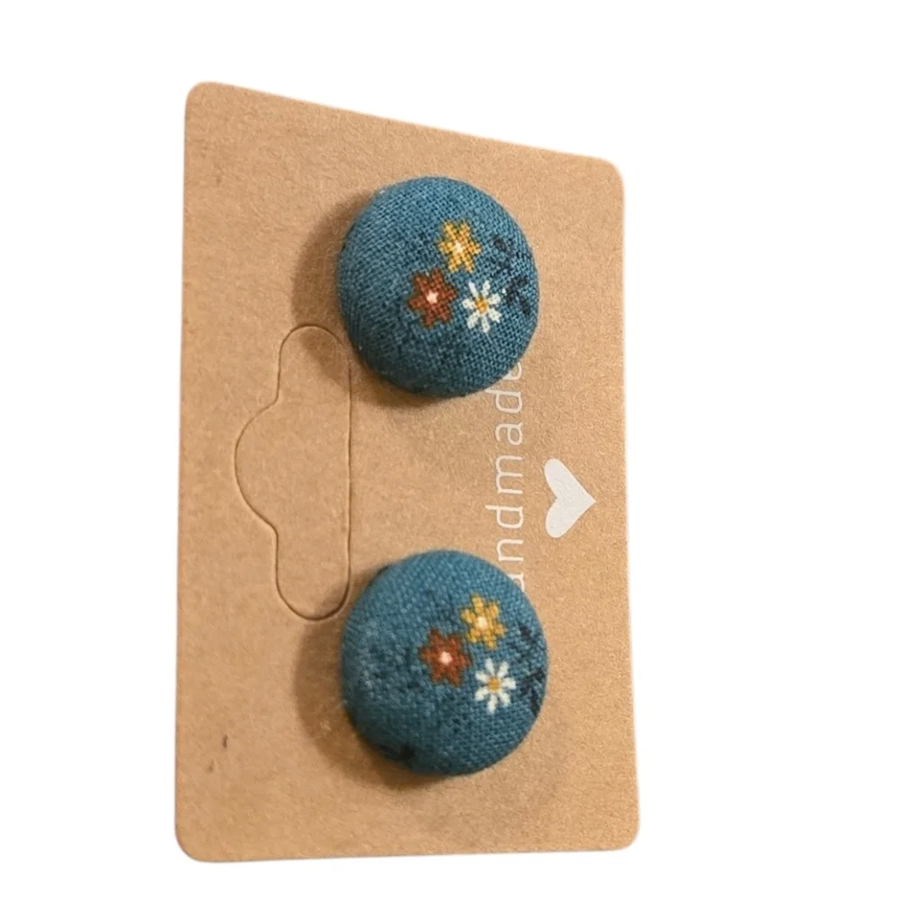 Blue Flower Button Earrings - Picture 2 of 3